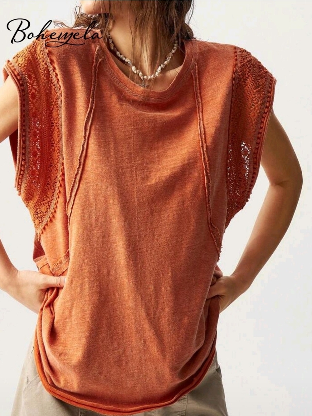 Bohemela Rust Orange Crochet Sleeve Top
